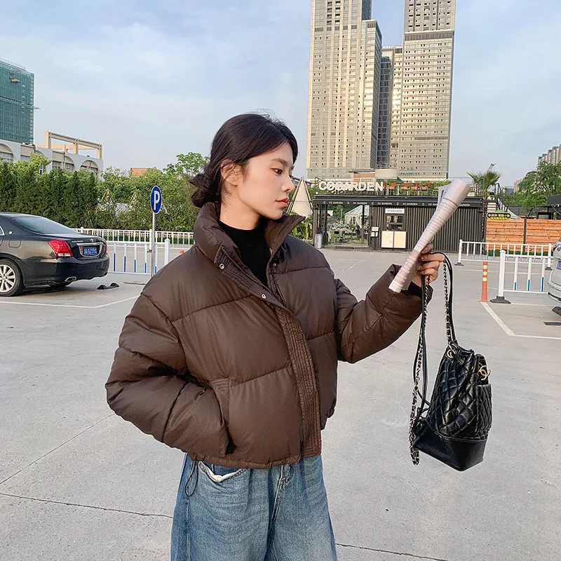 Veste courte d'hiver pour femmes, vêtements chauds, bouffants courts, légers et chics, col montant, veste rembourrée en coton pour étudiantes, nouvelle collection