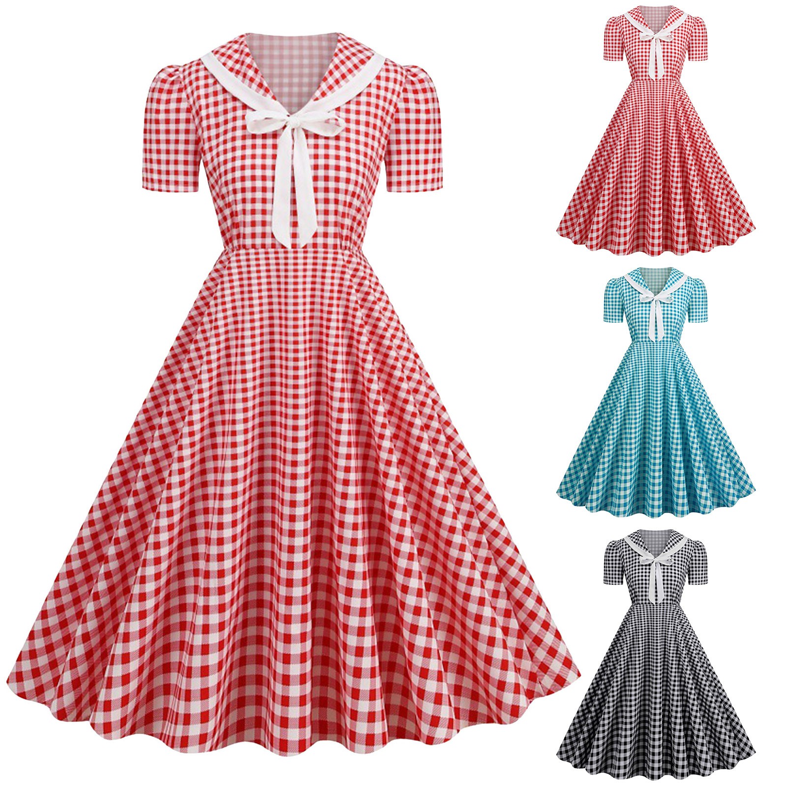 Robe trapèze rétro à carreaux pour femmes, robe trapèze, imprimé vintage, années 50 et 60, robe de soirée rockabilly, nœud, robes de Rhpour dames, été