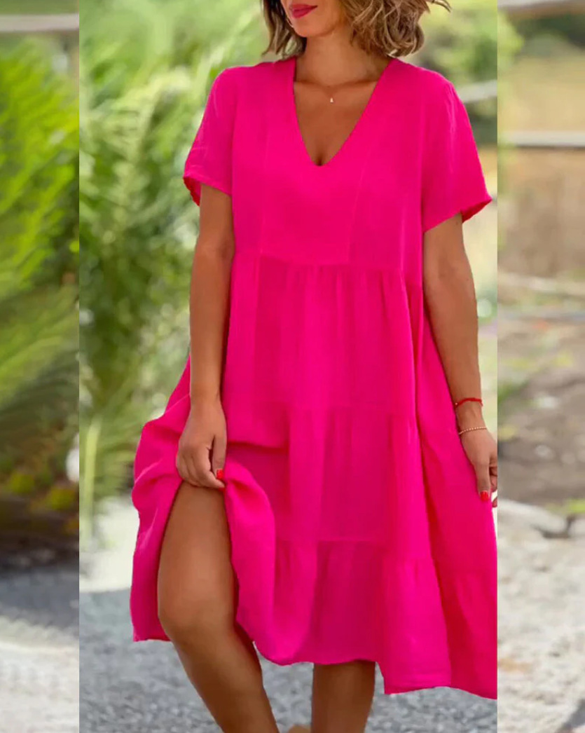 Robes décontractées en coton et lin pour femmes, douce, manches courtes, couleur unie, col en v, grande balançoire, ample, printemps/été, S-5XL, 2025