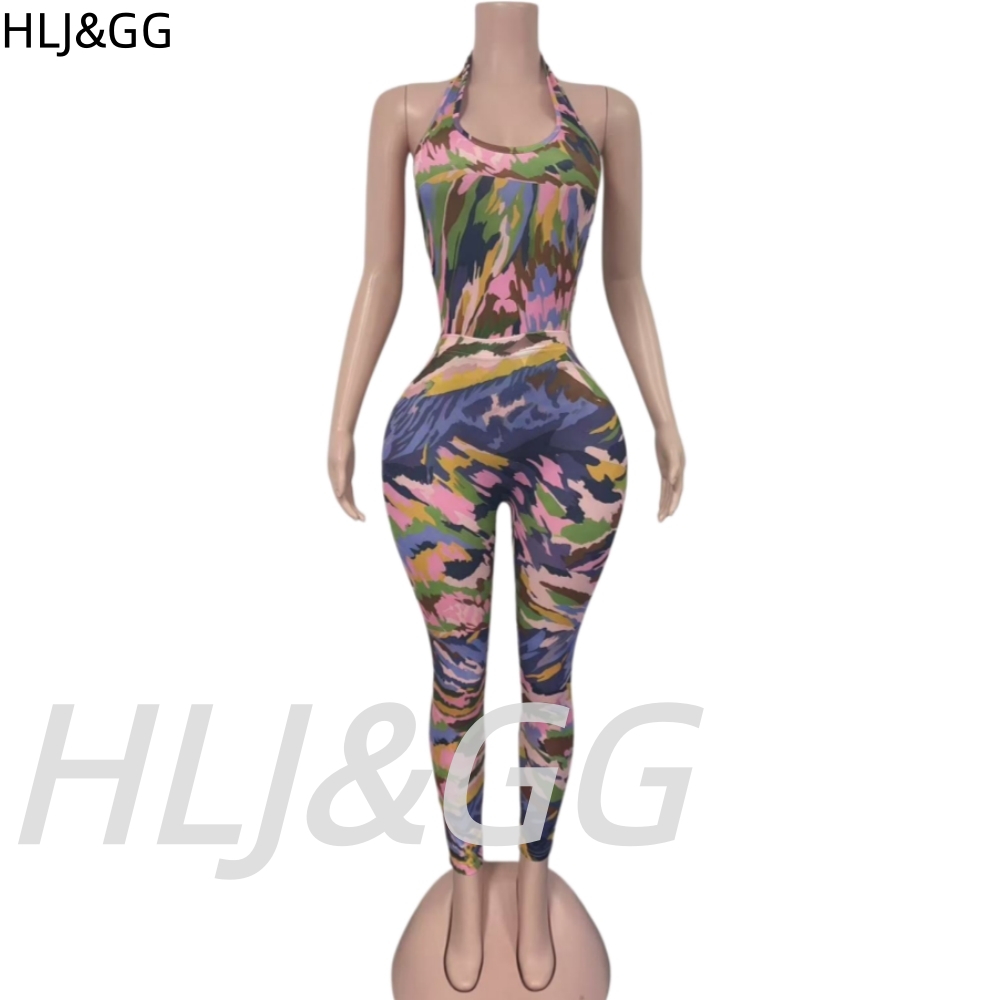 HLJ&GG – body imprimé peinture à l'huile, ensemble deux pièces pour femmes, haut sans manches et pantalon slim, tenue tendance, 2 pièces, Streetwear