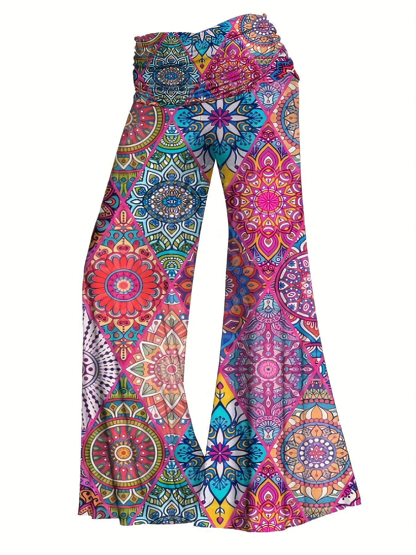 Pantalon à Jambes Larges de Grande Taille, Imprimé Géométrique Vibrant Turnblock, Taille Haute Froncée, Tenue Confortable et Décontractée, Silhouette Flatteuse