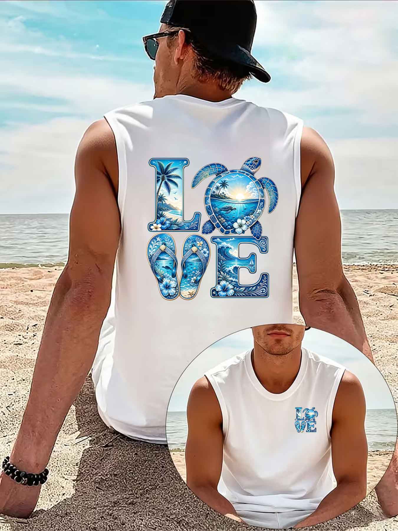 Débardeur Homme Sans Manches pour Vacances à la Plage, Motif LOVE Tortue de Mer, Palmier Tropical, Vague et Tongs, Coupe Ample, Été, Sport