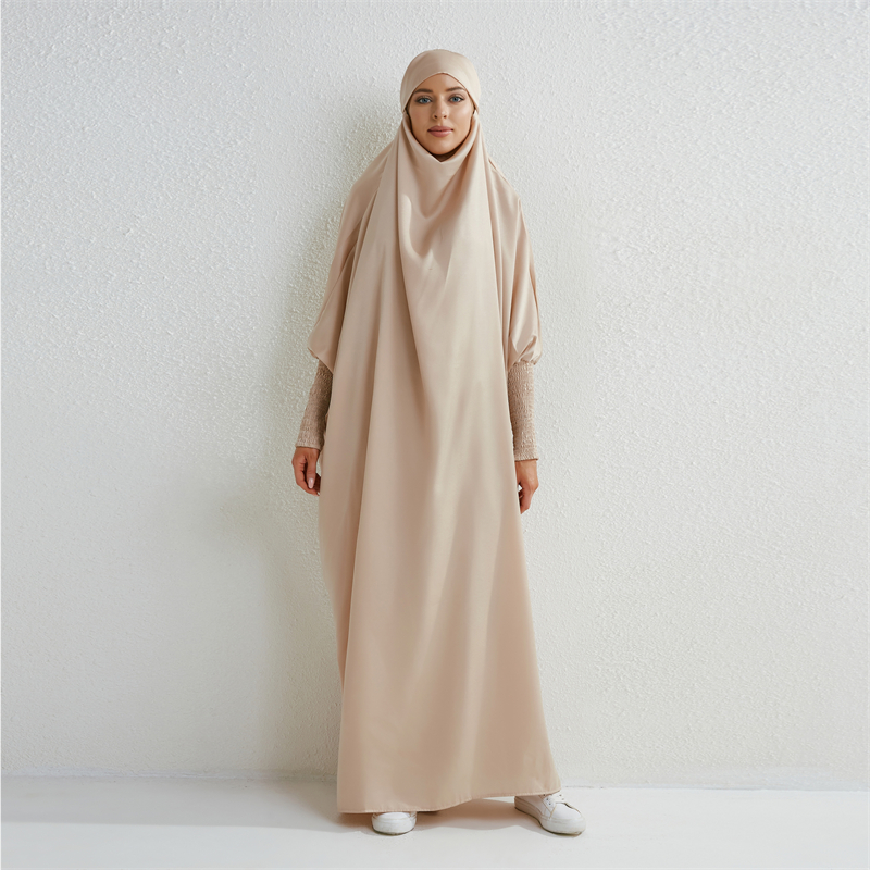 Abaya musulman à capuche manches smockées une pièce Robe de prière femmes Jilbab vêtements islamiques dubaï saoudien Robe noire modestie turque