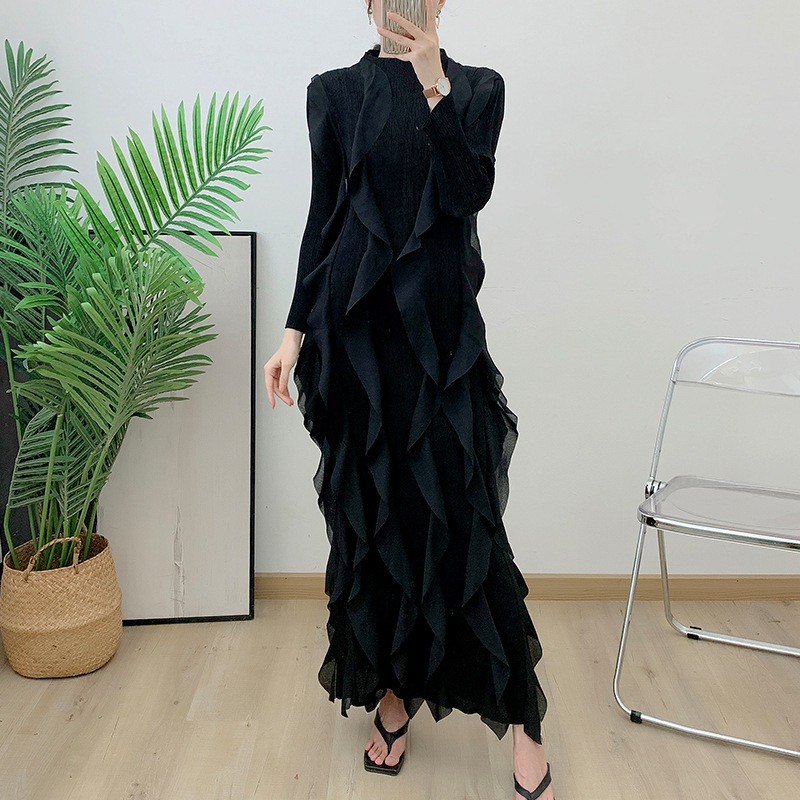 Robe plissée Miyake 2026 à col roulé en dentelle, plissée épaisse, manches longues, décontractée, élégante, de créateur, vêtements vintage