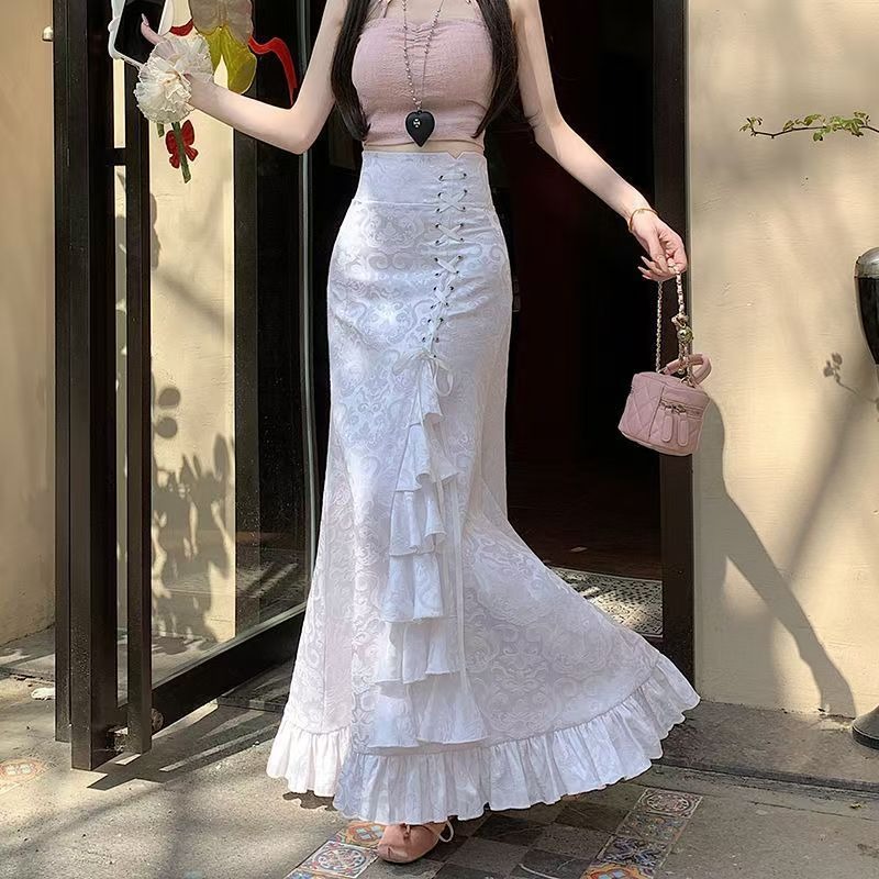 Femmes jupe Midi printemps été coupe ajustée taille haute jupe longue Vintage à lacets volants rose gothique mode coréenne jupe vêtements