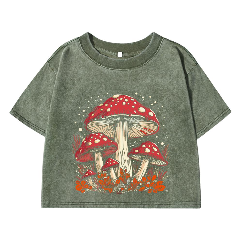 Hauts courts en coton pour femmes, tendance, col rond, T-Shirts délavés en détresse, champignon rouge, personnalité graphique imprimé, vêtements de rue