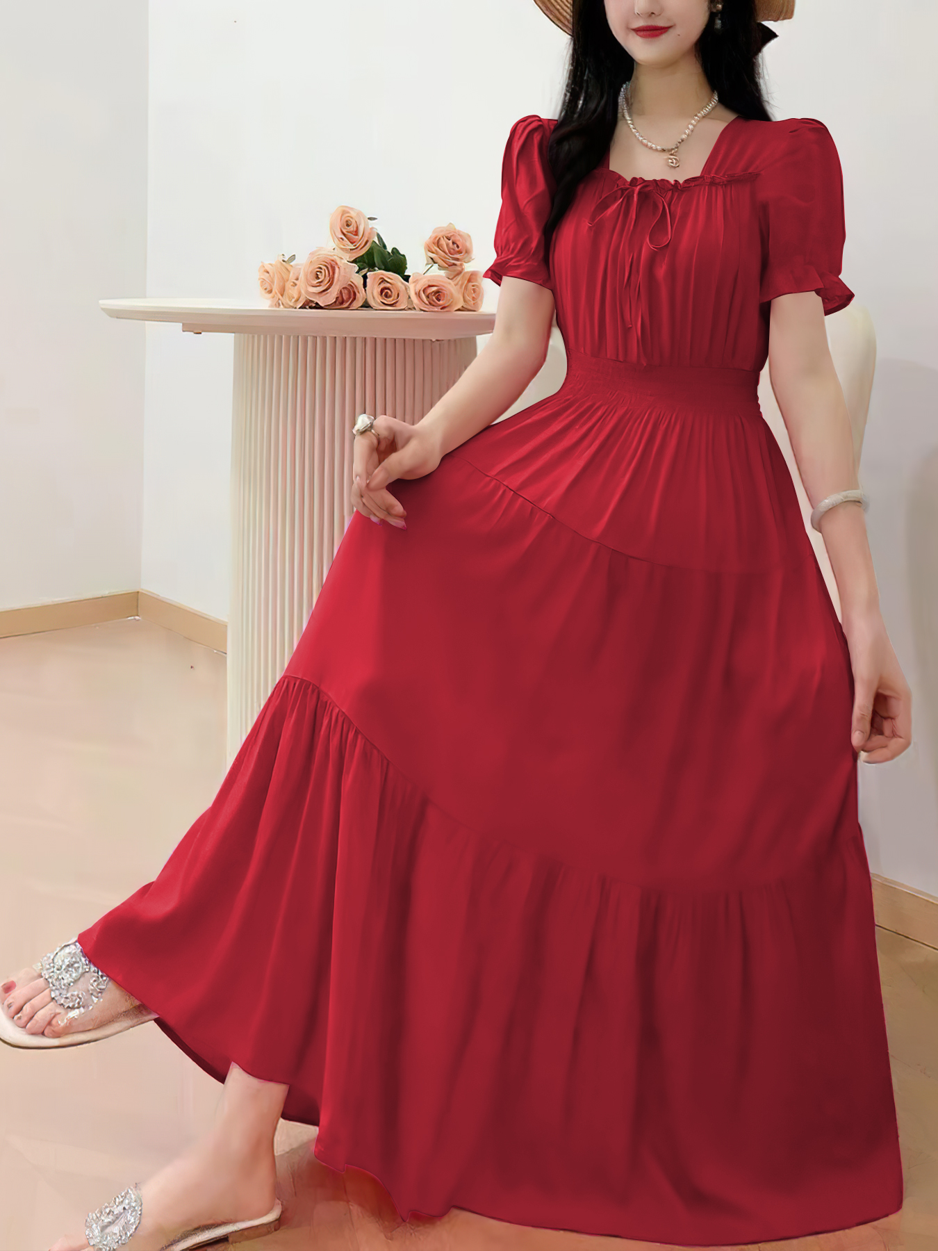 Robe midi décontractée pour femme, manches bouffantes, taille haute, chic, à porter au quotidien pour toutes les occasions, style élégant pour les femmes soucieuses de la mode