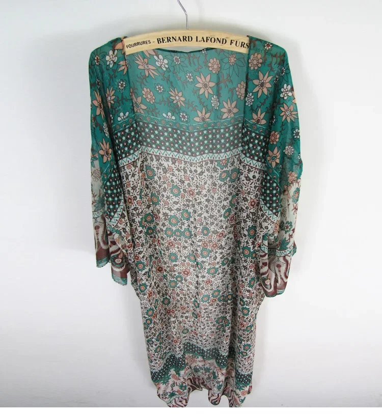 AYUALIN-Kimono à manches longues en mousseline de soie pour femme, cardigan vintage, imprimé floral, blouse de plage, style bohème