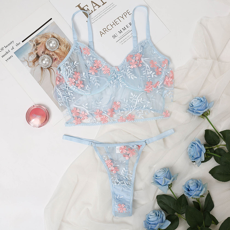 Ensemble de Lingerie Sexy 2 pièces pour femmes, soutien-gorge transparent en dentelle florale, sous-vêtements courts, ensembles de Lingerie érotique