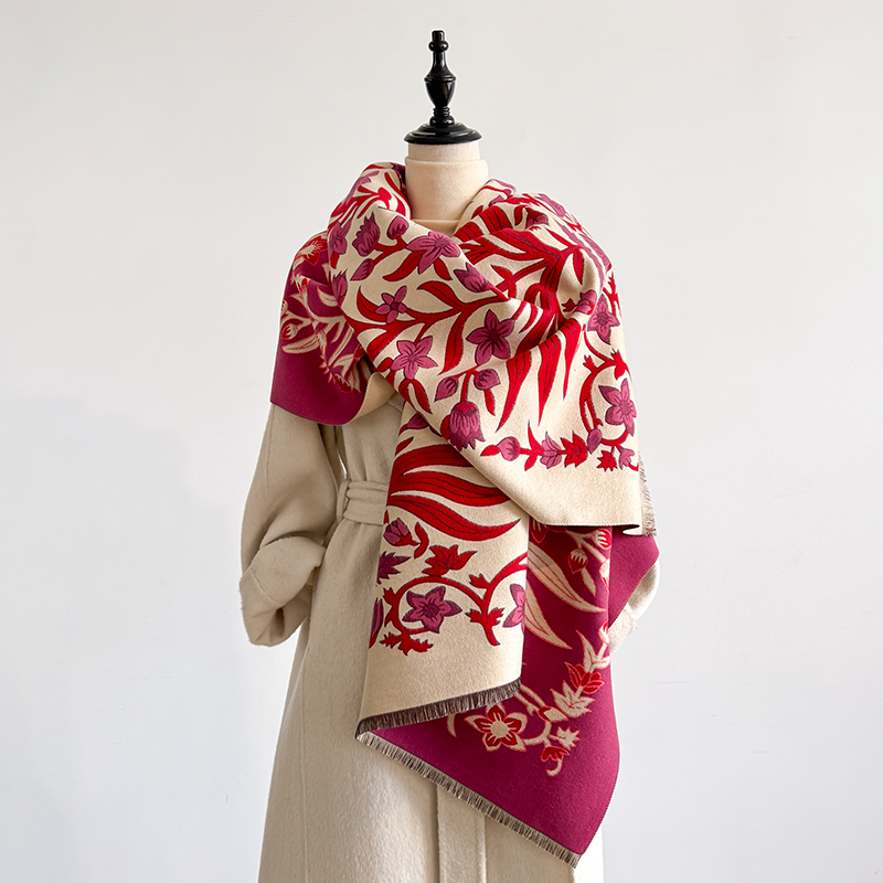 Châle Pashmina Jacquard Floral élégant pour femmes-hiver épais chaud Double face gland conception résistant au froid coupe-vent couverture écharpe