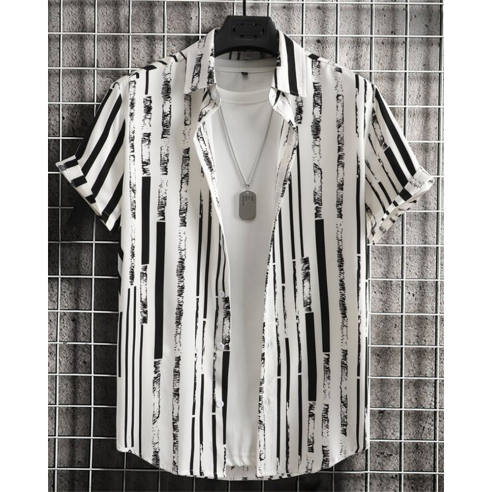 Chemises Hawaïennes pour Hommes Imprimé Rayé 3D Manches Courtes Été Décontracté Ample Tendance Simple Vêtements Homme Grande Taille