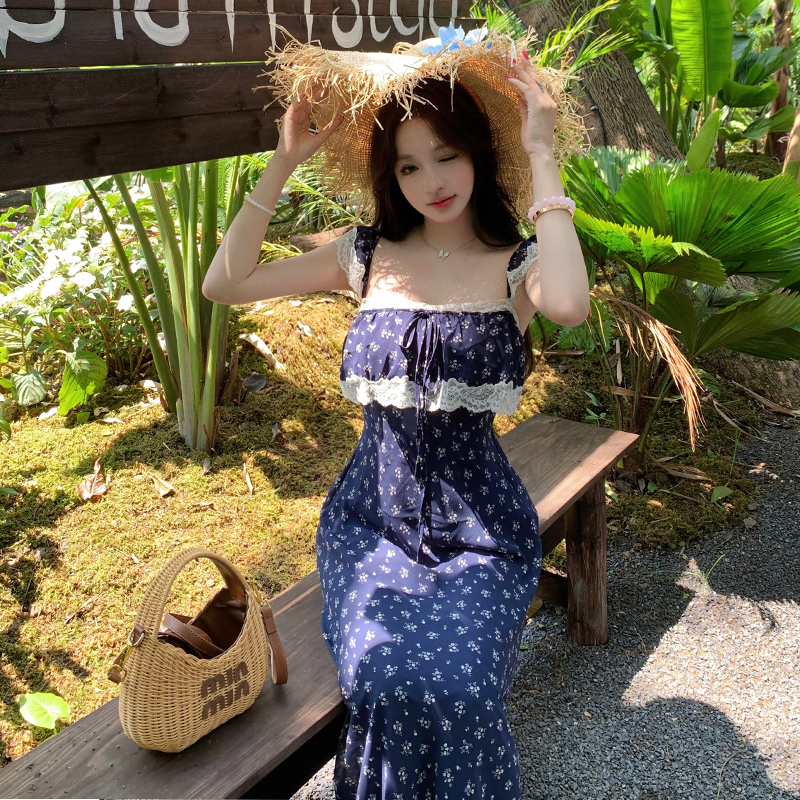 Robe d'été sans manches pour femme, bleue, à fleurs, avec dentelle, style français, romantique, robe maxi de vacances, ourlet à volants, vintage, bohème chic