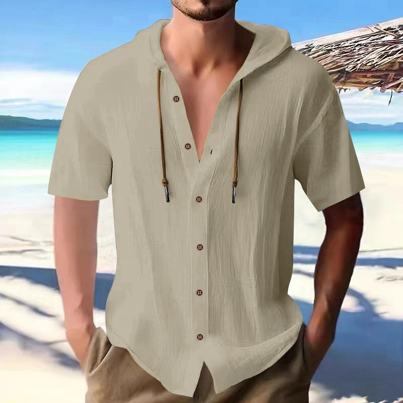 T-shirt homme 2026 décontracté à manches courtes, à capuche, boutonné, style ample, pour la plage, vêtements pour hommes