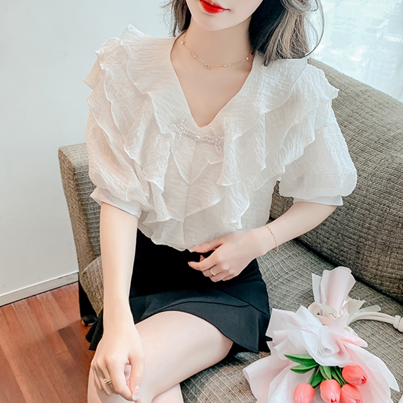 Blouses en Chiffon Blanc à Volants pour Femmes, Mode Été 2026, Blusas Décontractées Style Coréen, Manches Bouffantes Vintage Y2K, Hauts Femme