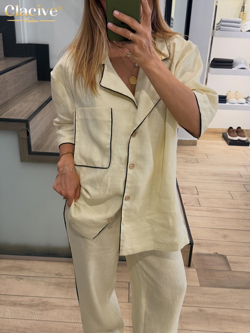 Ensemble 2 pièces décontracté en coton jaune Clacive Fashion pour femme : chemise à manches longues et pantalon large taille haute