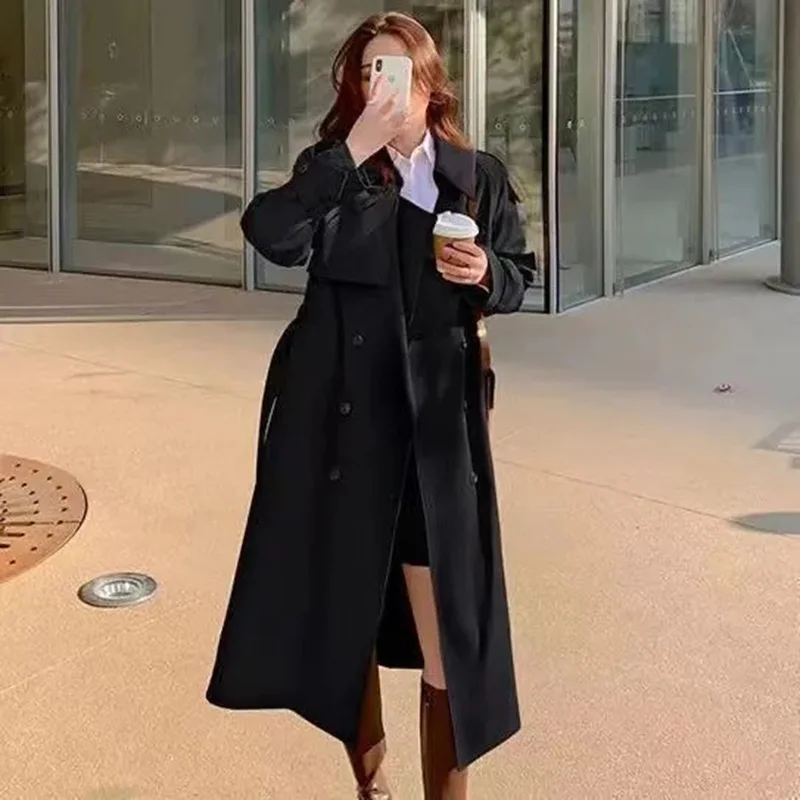 Manteau mi-long pour femme, coupe-vent noir, streetwear décontracté, double boutonnage, mode coréenne, élégant, ingent, At Tralike