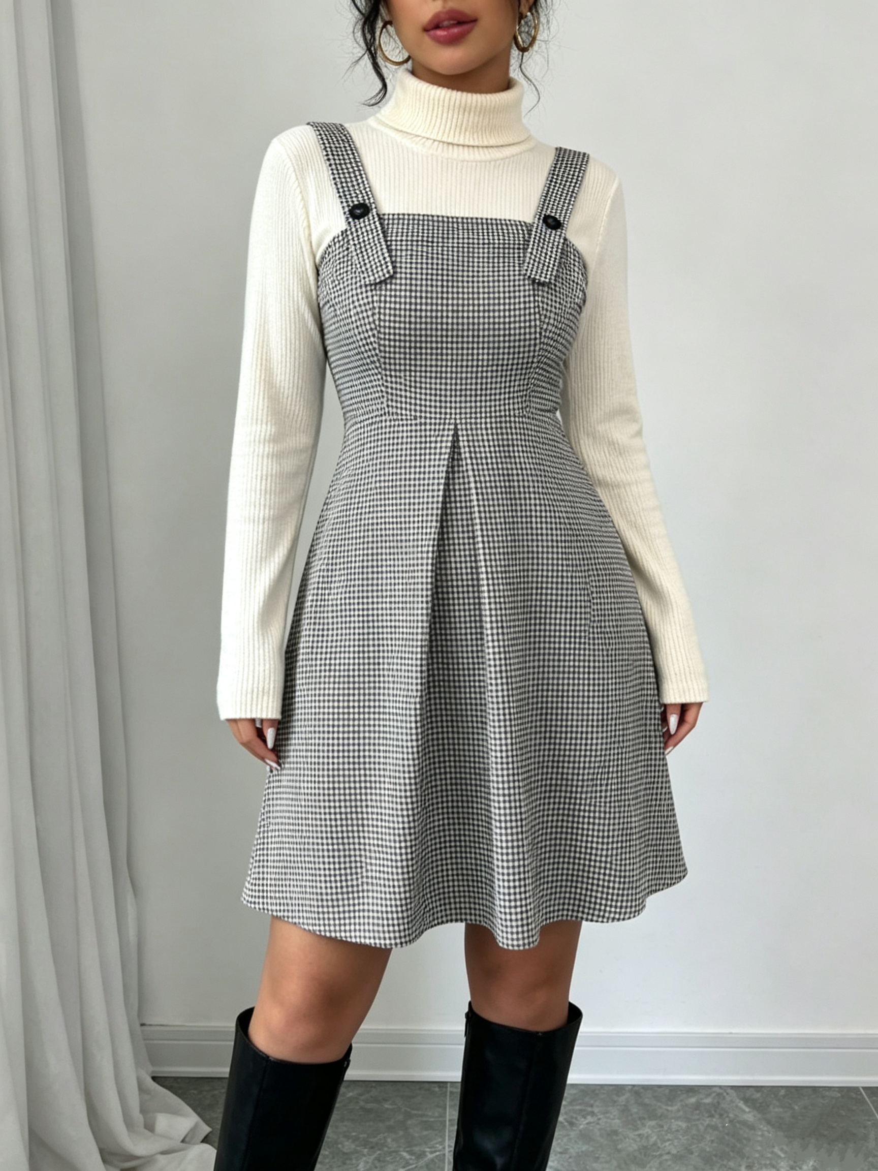 Robe salopette vintage pied-de-poule pour femme, taille haute, coupe trapèze, mini-robe sans manches avec bretelles boutonnées réglables
