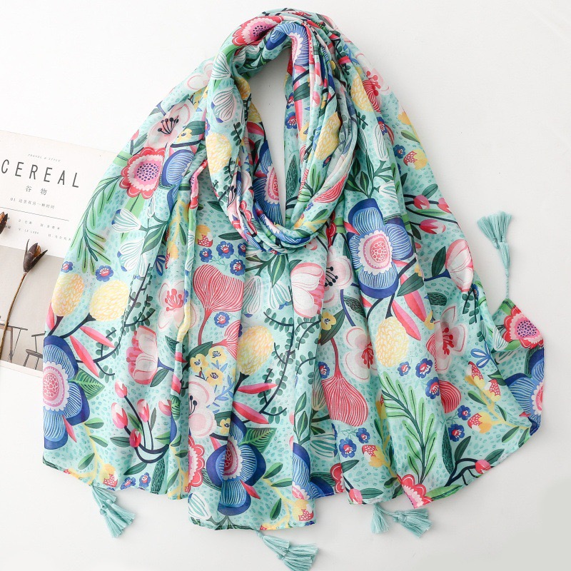Châle Foulard en Viscose à Motif Floral Pétale et Pompon, Style Espagnol, pour Femme, Imprimé de Haute Qualité, Doux, Pashmina, Étole, Hijab Musulman, 180*90 cm