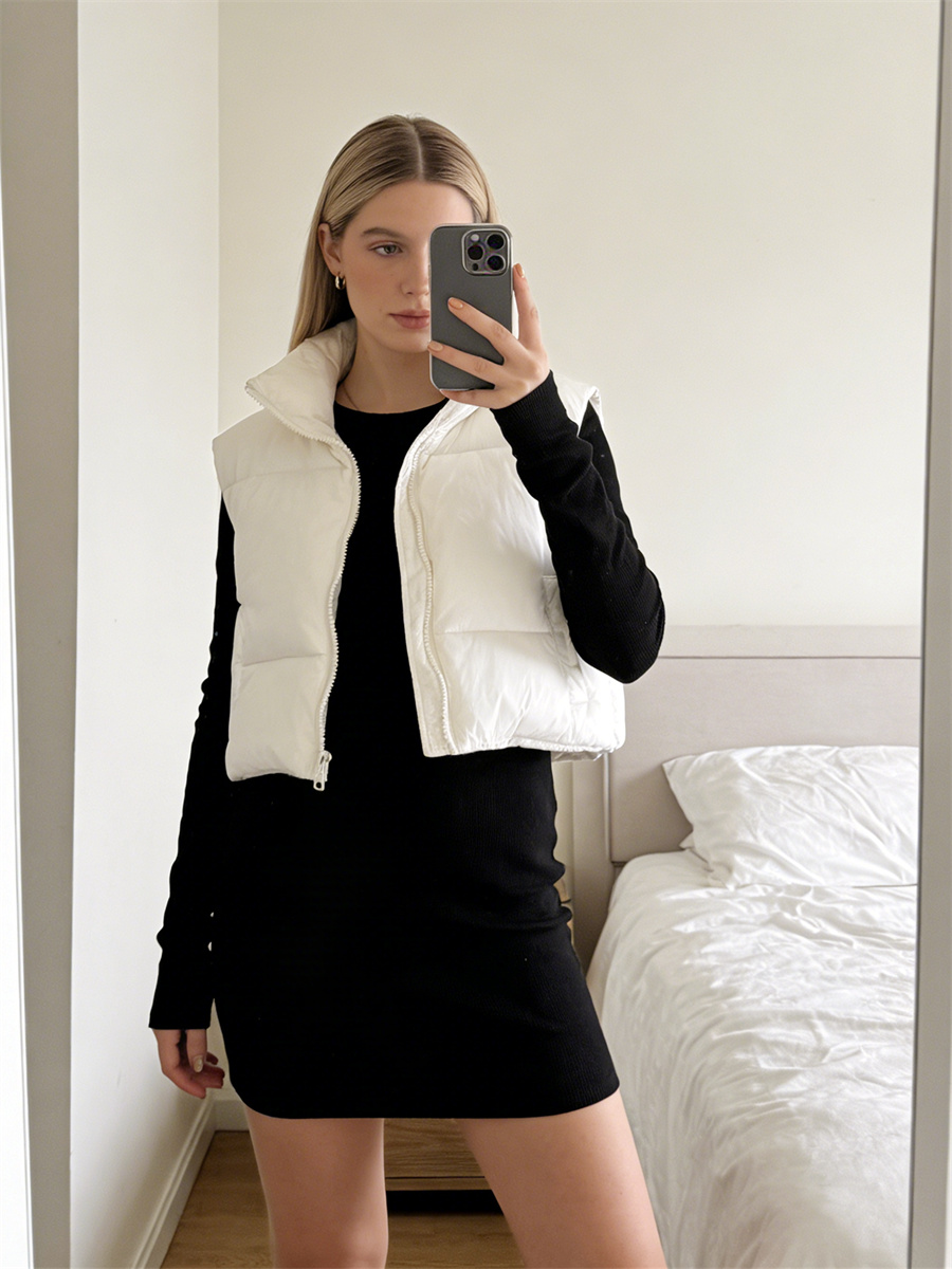 Gilet court chaud pour femme, col montant, sans manches, léger, vêtements d'extérieur à la mode, automne et hiver