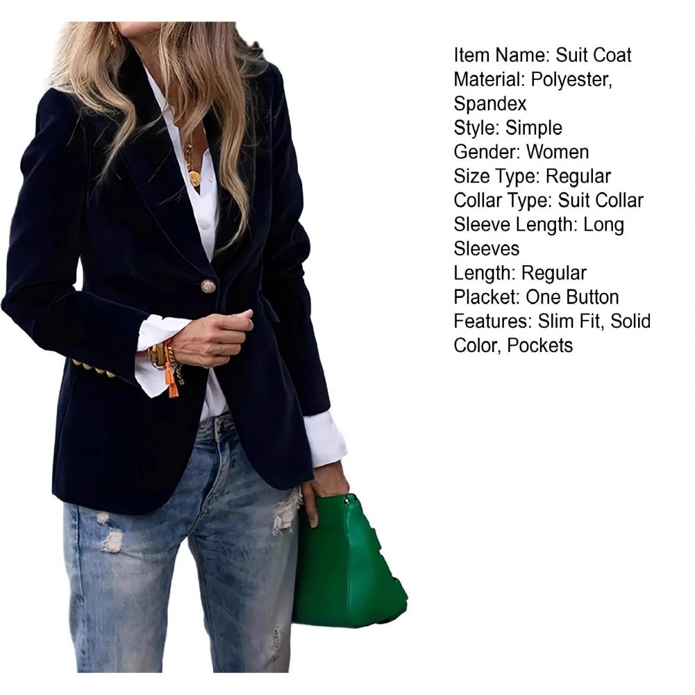 Manteau de costume en velours, manches longues, col cranté, veste de costume, bouton unique, vêtements d'extérieur de bureau, vêtements de style polyvalents