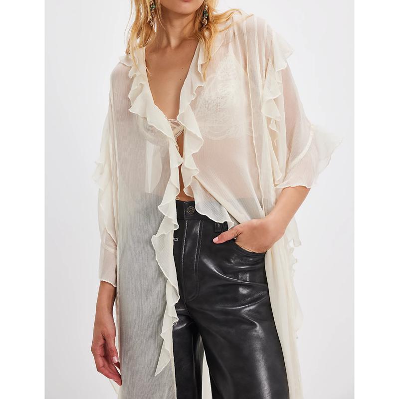 COmbhasaki femmes été Boho maillots de bain transparent Cardigan à volants garniture col en v boutonné fendu couverture longue chemise robe