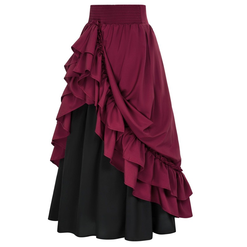Jupe Longue à Volants pour Femme, Costume Renaissance Décontracté, Bouton Couche, Dos Double, Froncé, Taille artificiel astique, Bande Maxi Longueur