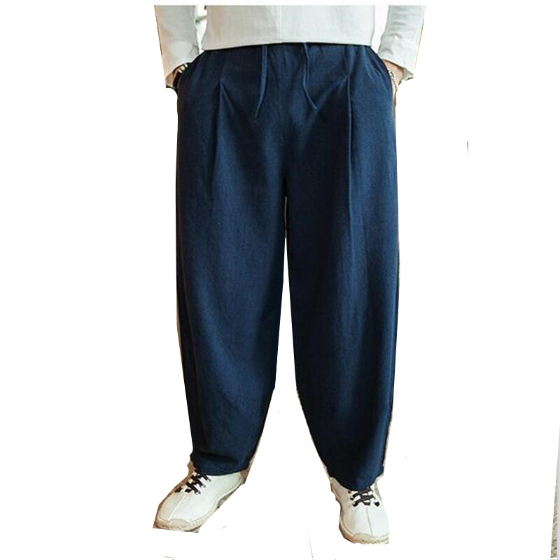 Pantalon large pour homme, grande taille 6XL 7XL, en coton et lin, pantalon ample de style harem, pantalon d'été, pantalon ample pour homme avec cordon de serrage, vêtements pour homme.