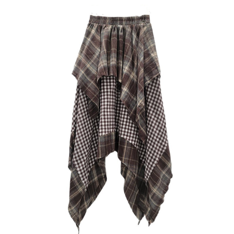DEAT mode nouveaux articles irrégulier Plaid Patchwork plissé a-ligne jupes pour les femmes taille haute élastique mi-longue jupe 11A06244