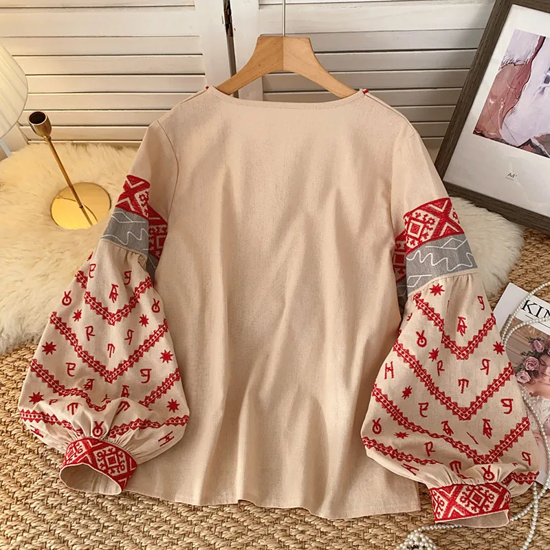 Nouvelle Blouse Bohème Brodé pour Femme, Col en V, Nœud Papillon, Manches Lanterne, Printemps-Automne, Blusas Mujer, Hauts Féminins BL021