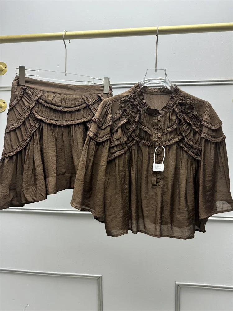 Chemise à manches courtes pour femmes françaises, bordure effilochée, boutons plissés, pull-over, haut ou mini-jupe taille haute en forme de A pour femme