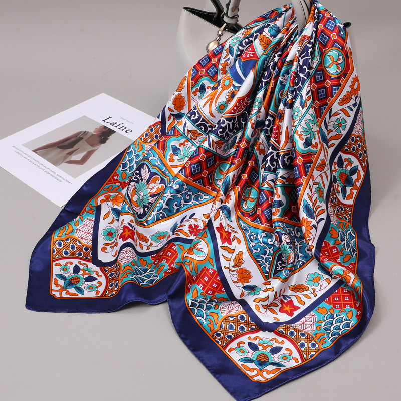 Foulards carrés 90x90cm en satin pour femme, écharpe de cou à imprimé floral tendance, hijab, foulard en soie, bandeau
