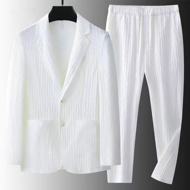 Costume d'été pour homme, 2 pièces, blazer en lin léger, blazer slim + pantalon, vêtements décontractés pour affaires, ensemble respirant fin