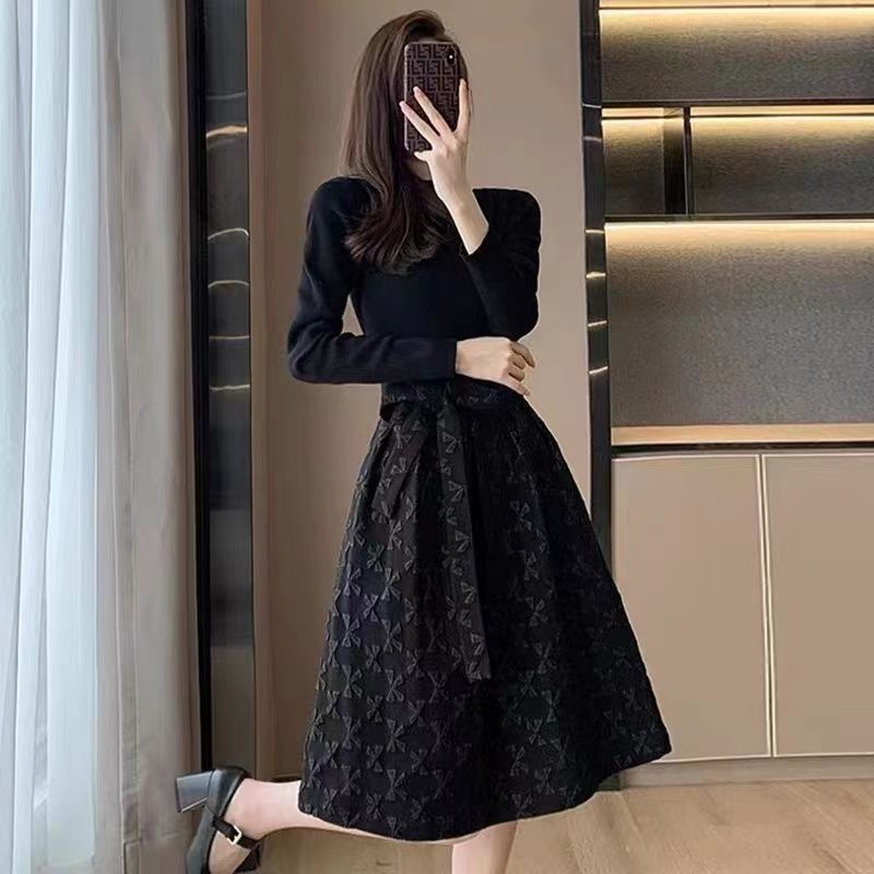 Robes noires à manches longues pour femmes avec nœud d'anniversaire, vêtements vintage pour femmes, vêtements chauds, mode coréenne, luxe de haute qualité