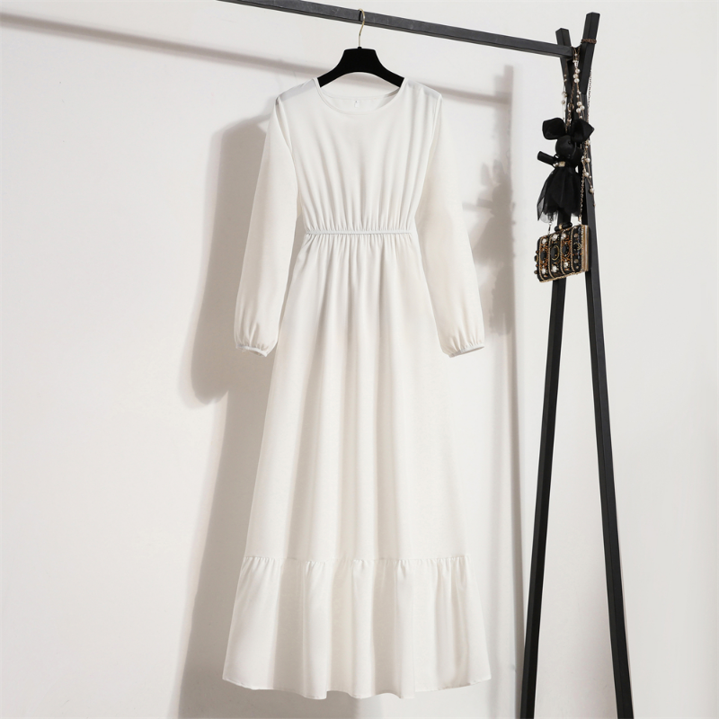 Femmes robe longue printemps automne Mujer robes solide manches longues col rond décontracté robes en mousseline de soie musulman solide robes Maxi en vrac