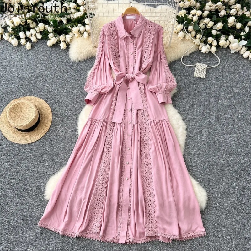 Robe en dentelle vintage à col rabattu pour femmes, manches lanterne, nœud de bandage, coupe couvertes, grande balançoire, robes maxi élégantes