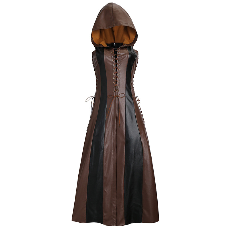 Femmes médiévales Larp Archer Ranger elfe Costume femme guerrier Halloween Robin Cosplay Robe de pansement en cuir à capuche Robe Maxi cape
