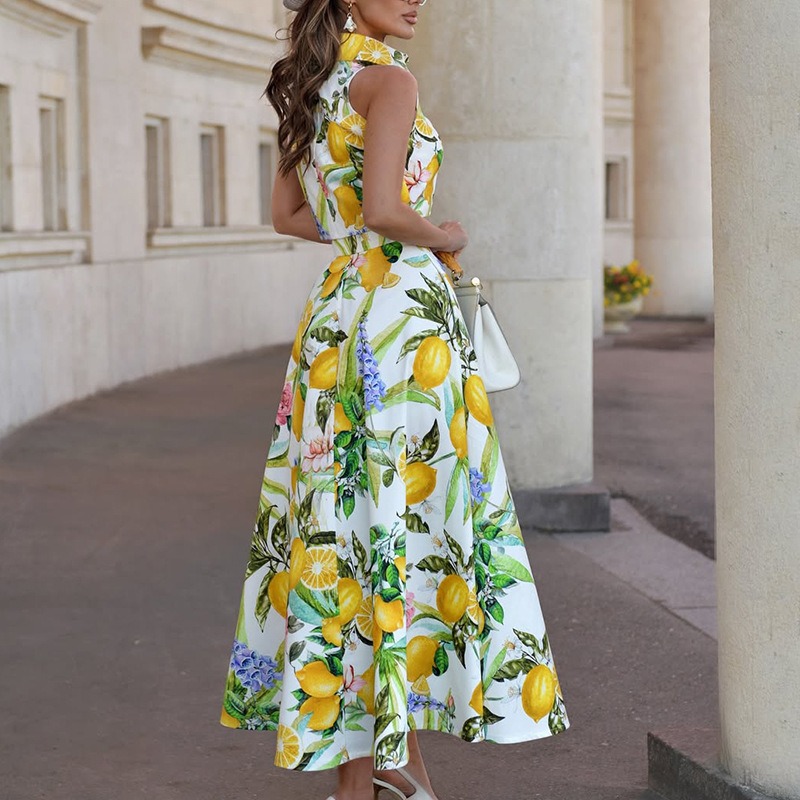 Ensemble deux pièces bohème chic pour femme : haut sans manches à col revers et jupe longue imprimée, idéal pour les fêtes et les vacances d'été