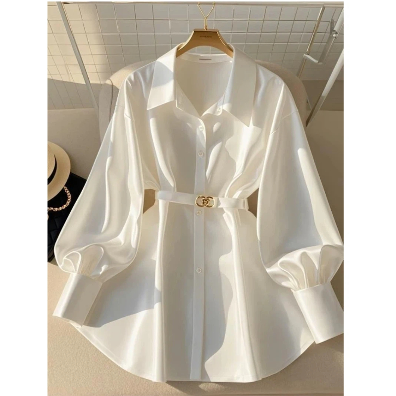 Femmes vêtements blanc tempérament chemise ample hauts printemps automne nouveau col Polo à manches longues solide élégant Blouse mode Vintage