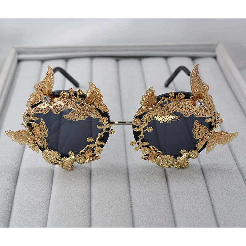 Lunettes de soleil de luxe rondes baroques, monture métallique à fleurs, style vintage, design de marque, accessoires de mode décontractés pour l'extérieur, lunettes de soleil pour femmes
