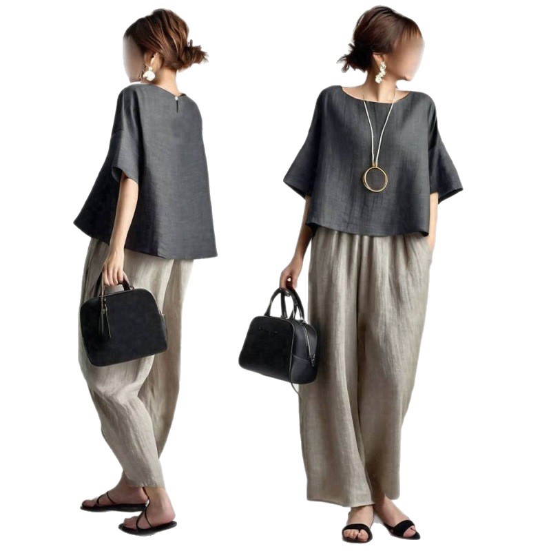 Ensemble deux pièces pour femme, haut à manches courtes col rond et pantalon large à taille élastique, coupe décontractée, couleur unie, été 2026