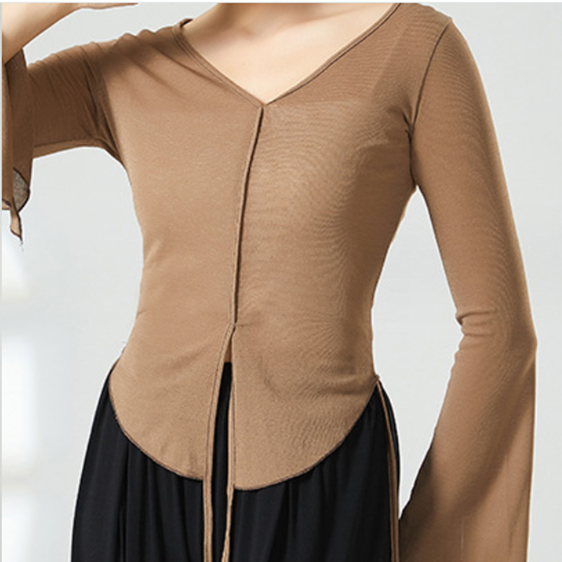 Vêtements d'entraînement de danse moderne, col en V, manches évasées fendues, hauts de tempérament, Costume d'entraînement de couleur unie pour femmes, vêtements ajustés