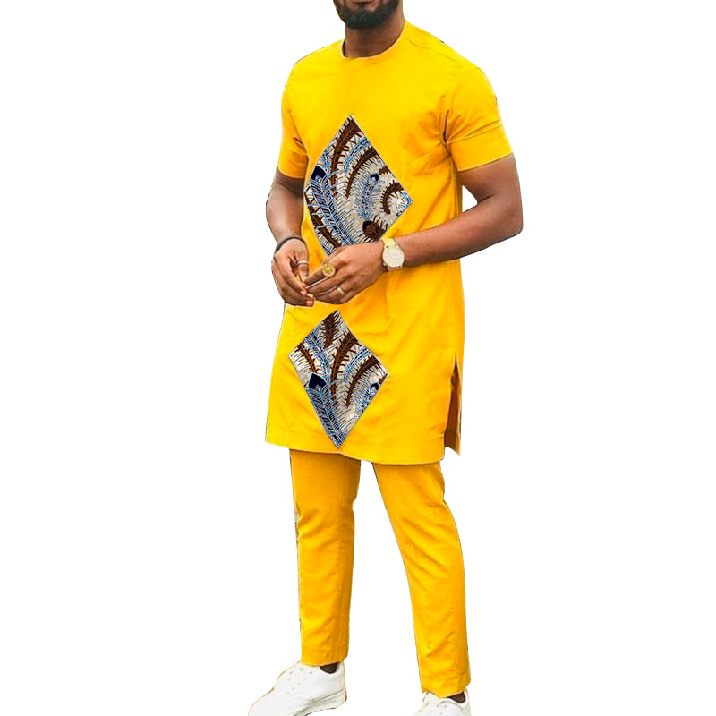 Ensembles de haut en Patchwork imprimé losange pour hommes, costumes africains en coton jaune, tenues masculines, t-shirts avec pantalons, vêtement de mariage personnalisé