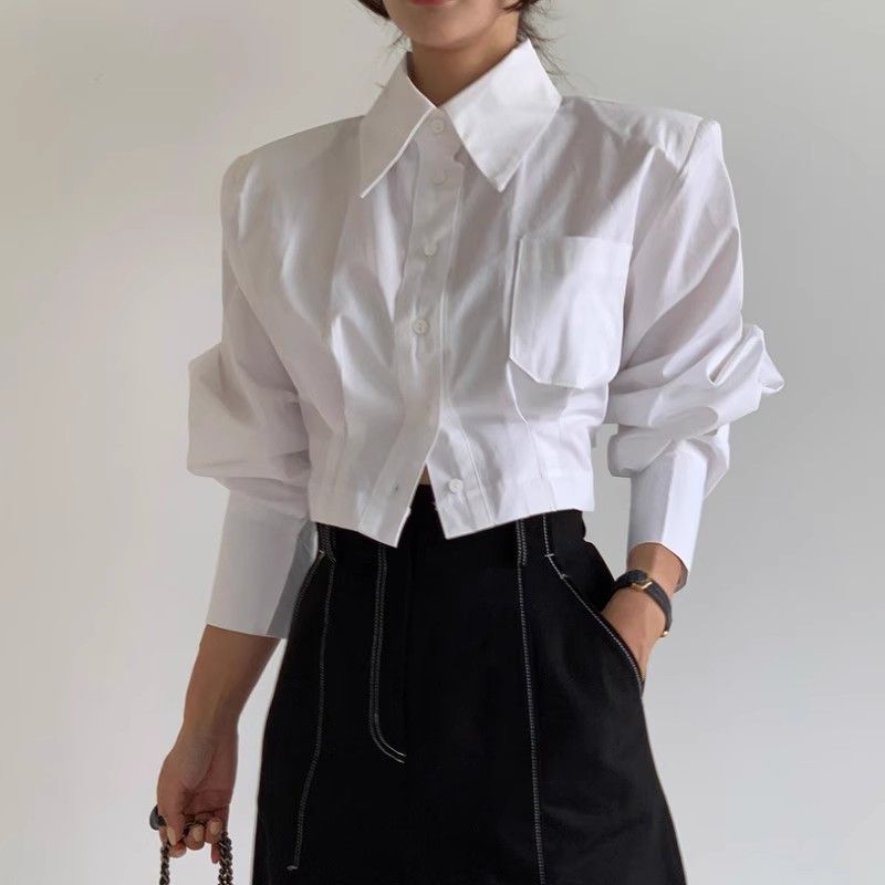 Chemisier décontracté printemps-été pour femme, chemise à manches longues unie avec lacets, haut court élégant pour le bureau, chemisier blanc
