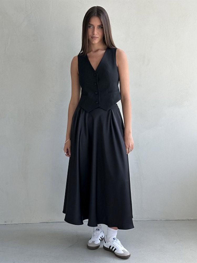 Jupe longue en Satin pour femmes, élégante, ample, taille haute, Maxi, Streetwear, classique, mode féminine, noire, 2025