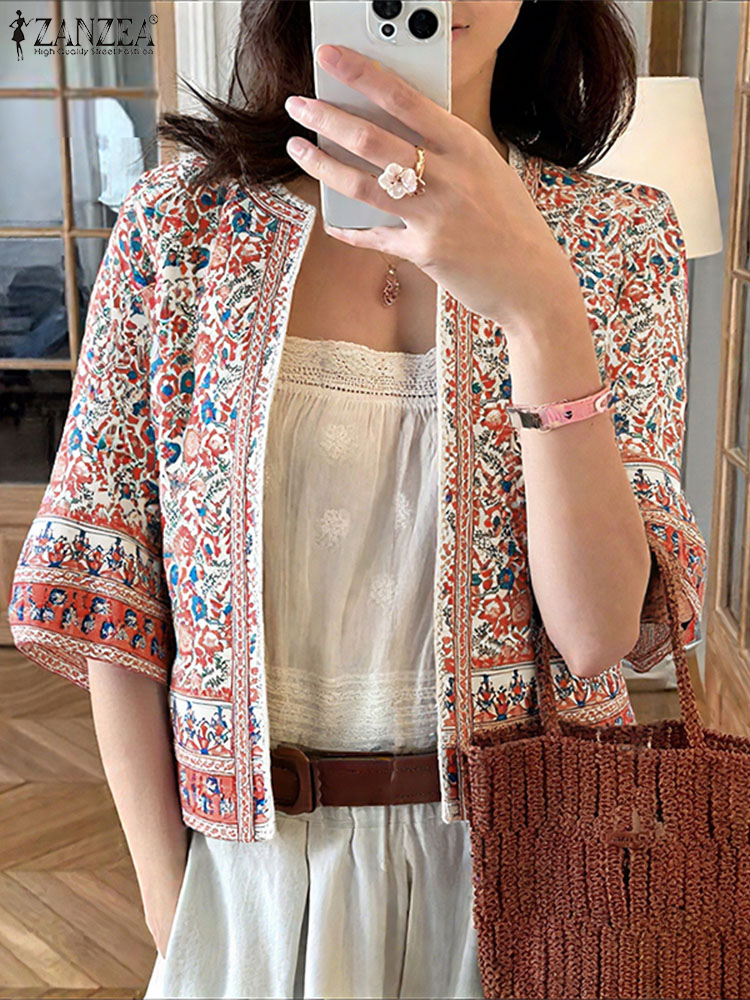 ZANZEA hauts à la mode Cardigans décontractés femmes demi manches Indie Folk imprimé chemises automne Kimono 2025 Vintage point ouvert en vrac