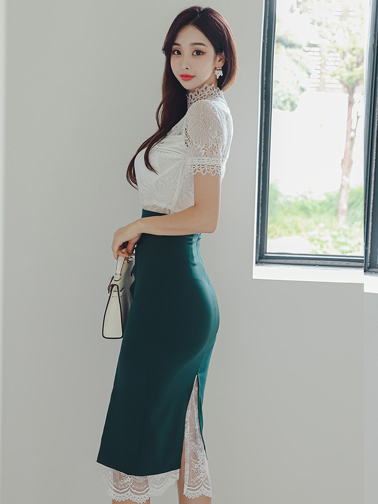Ensemble 2 pièces en dentelle transparente pour femmes, chemisier en Y blanc, jupe mi-longue taille haute, tenue sexy, vêtements d'été, mode élégante