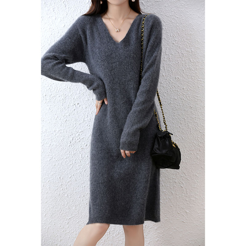 Femmes élégantes robes pull en cachemire 100% laine mérinos Sexy col en v décontracté jupe tricotée automne hiver dames robe noire vêtements