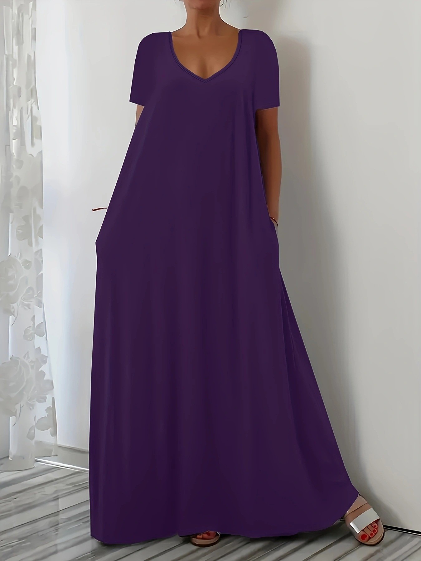 Nouvelle robe d'été grande taille pour femme, décontractée, ample, à manches courtes, couleur unie, col en V
