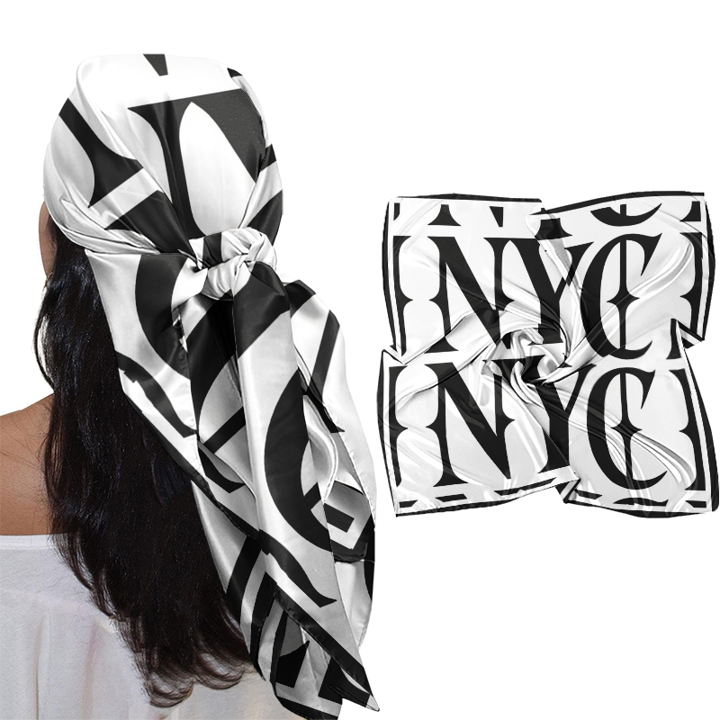 Foulard carré minimaliste français noir et blanc 90 cm en satin soyeux, bandeau et écharpe de cou pour femme, élégant pour le quotidien