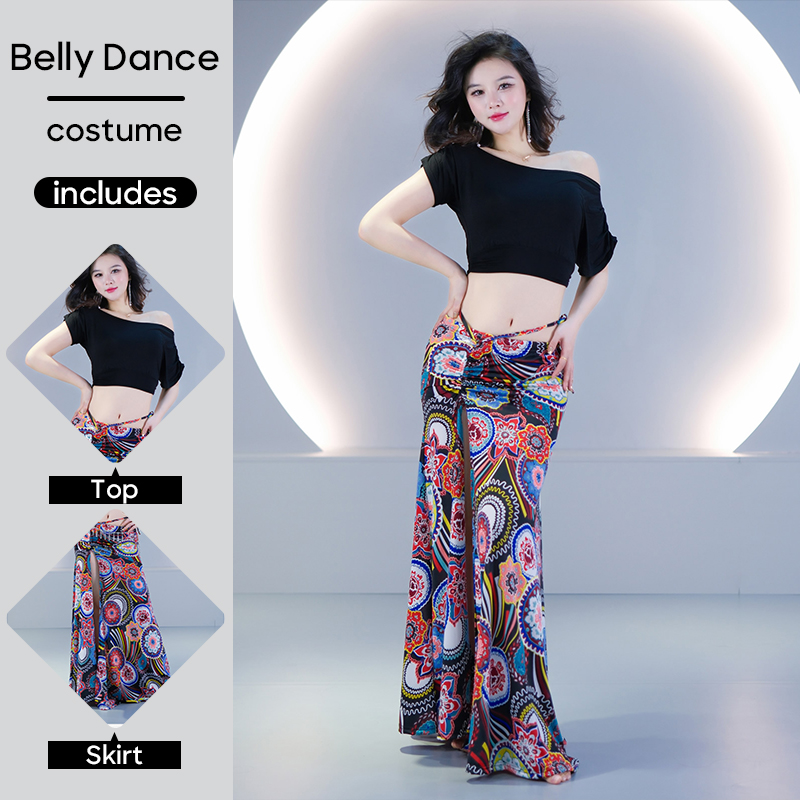 Costumes de danse du ventre pour femmes, ensemble 2 pièces haut + jupe longue, fente unique, manches courtes, costume de danse du ventre, vêtements d'entraînement